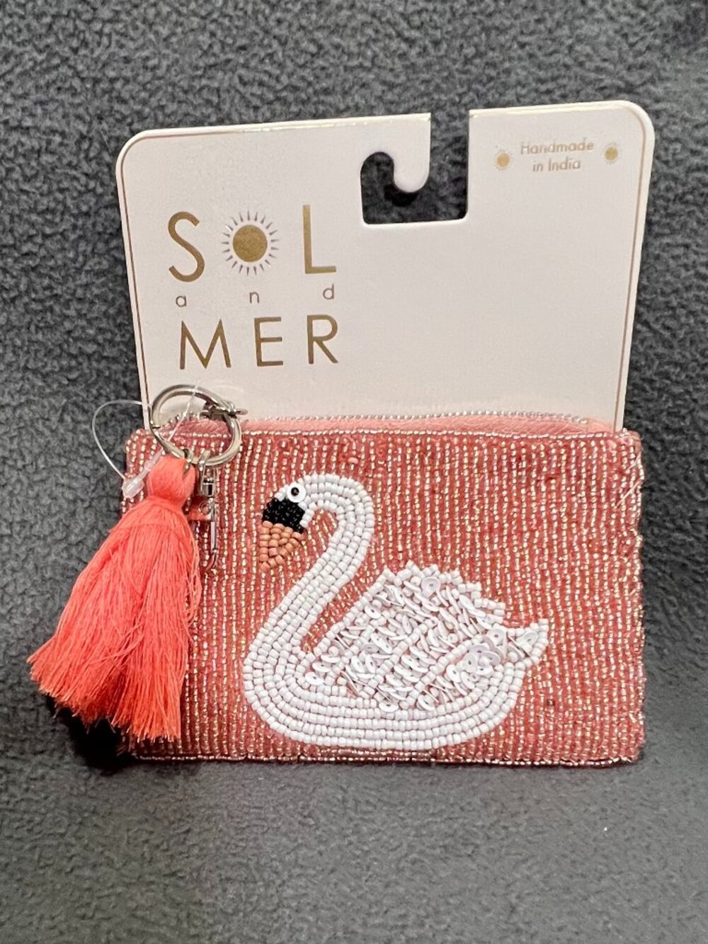 pink & white beaded Coin Purse Wallet Swan beach outdoor picnic birds nature fun